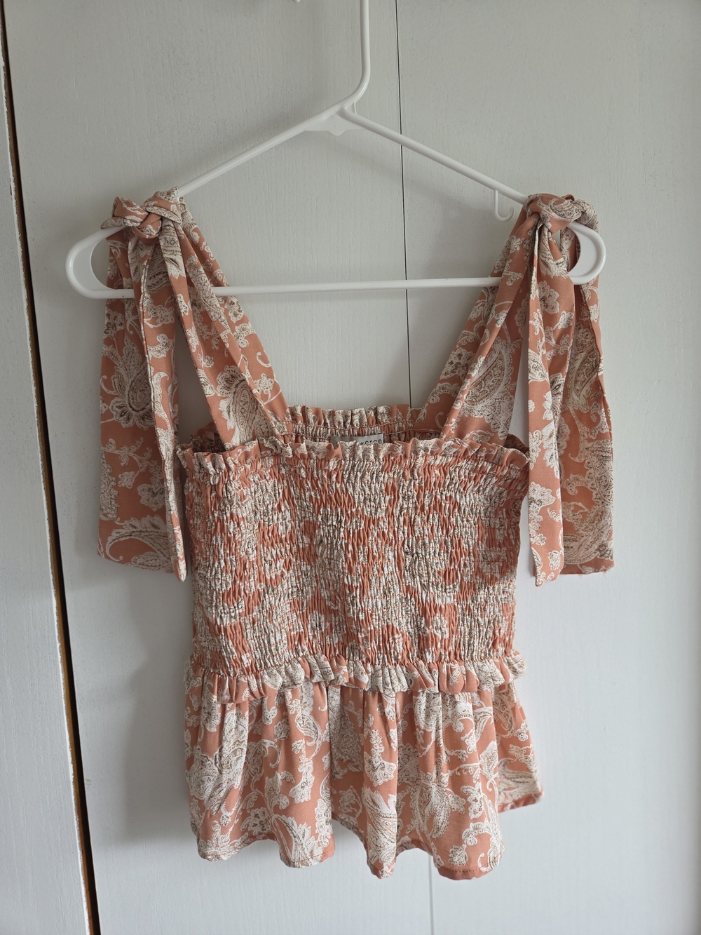 Paper Crane Peach Paisley Tie-Shoulder Smocked Peplum Top